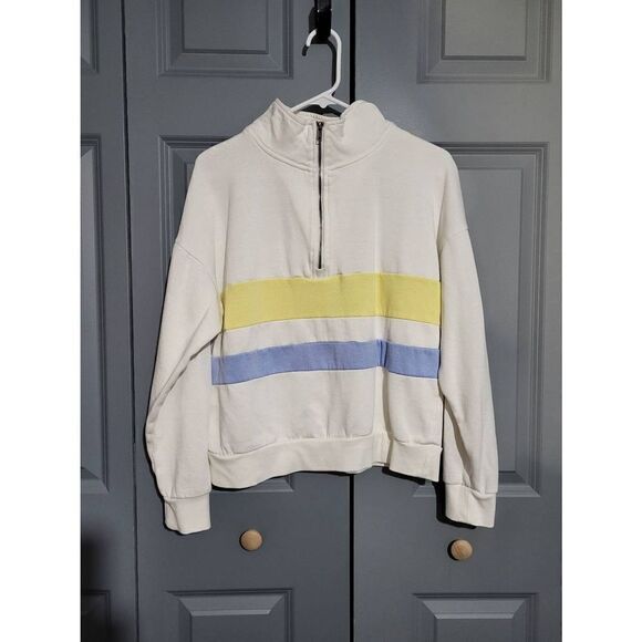 Hippie Rose white pullover with yellow/blue stripe on front - Picture 1 of 6